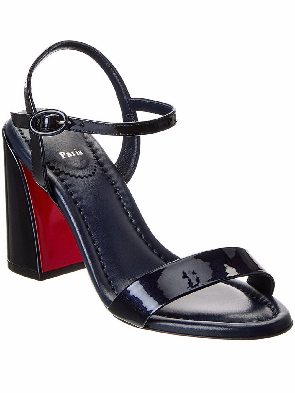CHRISTIAN LOUBOUTIN MISS JANE 85 BLUE PAT. LEATHER BLOCK HEEL ANKLE STRAP SANDAL